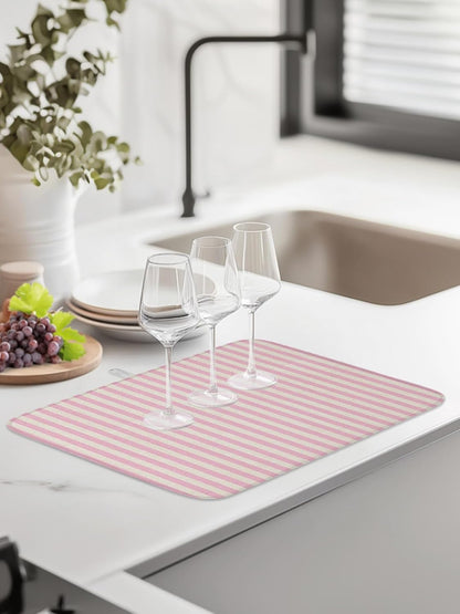 Dish Drying Mat for Kitchen Counter,Modern Pink Stripe Linen Texture Absorbent Microfiber Drainer Rack Pad Country Retro Minimalist Line Quick Dry Mat for Sinks Dishes Utensils 18x24in,1 Pack
