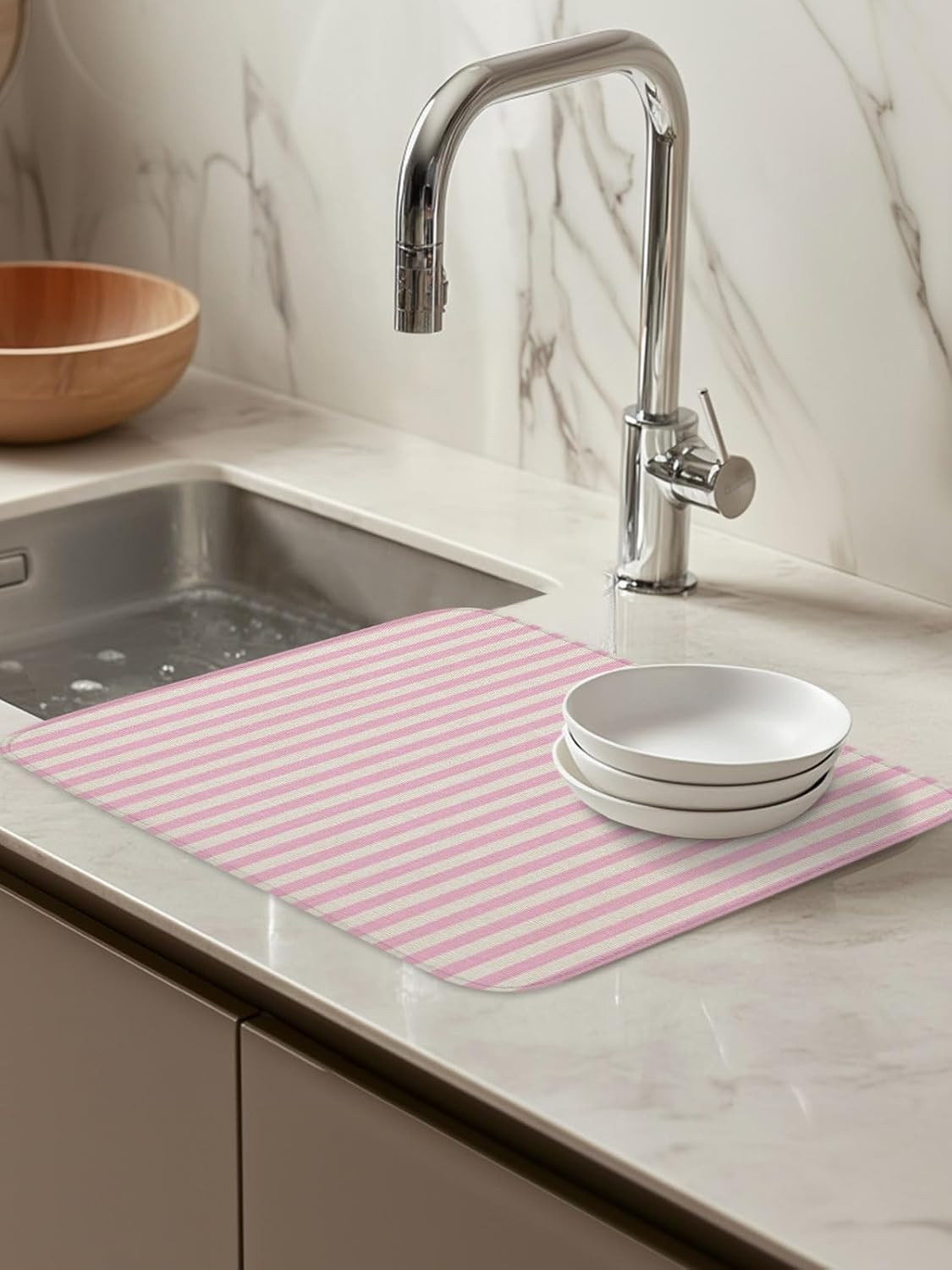 Dish Drying Mat for Kitchen Counter,Modern Pink Stripe Linen Texture Absorbent Microfiber Drainer Rack Pad Country Retro Minimalist Line Quick Dry Mat for Sinks Dishes Utensils 18x24in,1 Pack