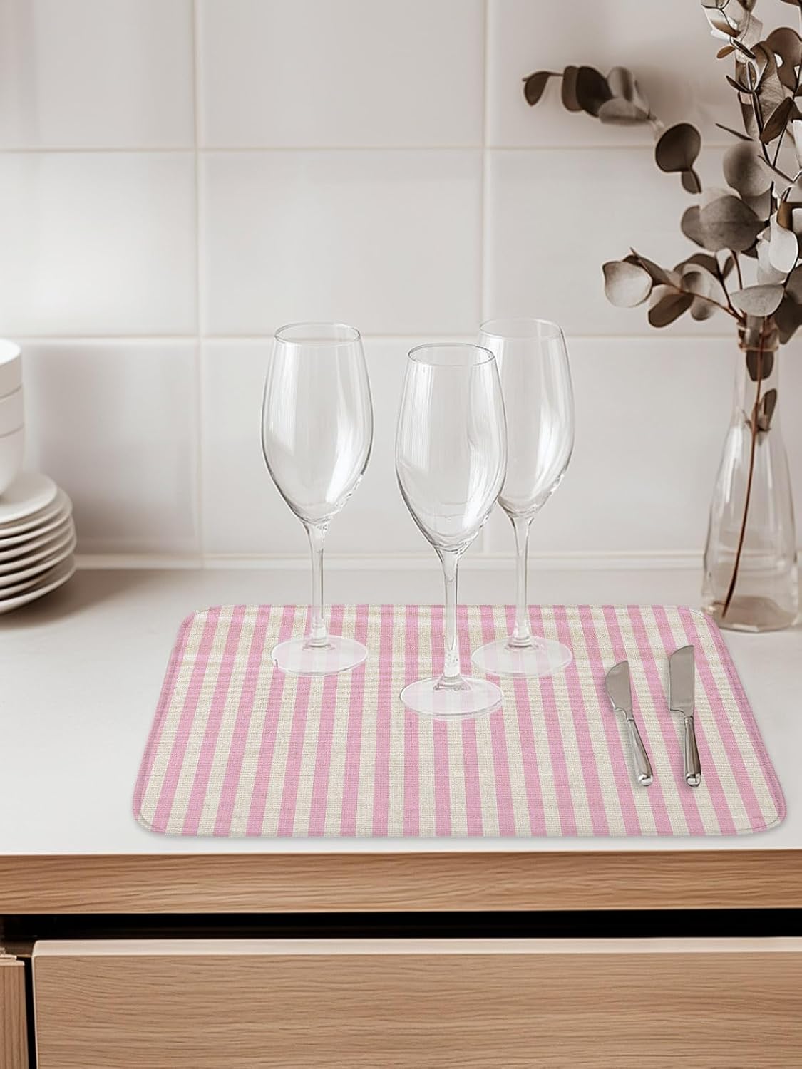 Dish Drying Mat for Kitchen Counter,Modern Pink Stripe Linen Texture Absorbent Microfiber Drainer Rack Pad Country Retro Minimalist Line Quick Dry Mat for Sinks Dishes Utensils 18x24in,1 Pack
