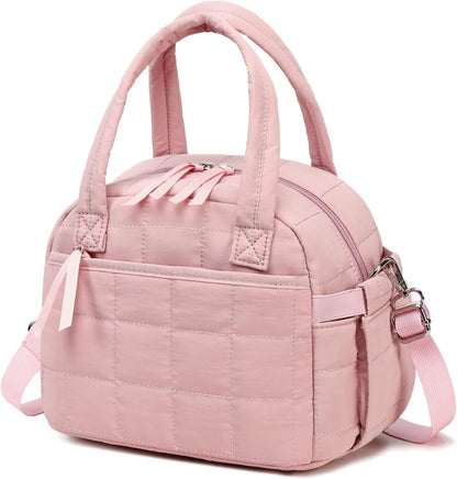 Lunch Box for Women, Quilted Insulated Lunch Bag, Puffy Lunch Tote with Adjustable Shoulder Strap for Work School Travel (Deep Pink, Regular 9L)