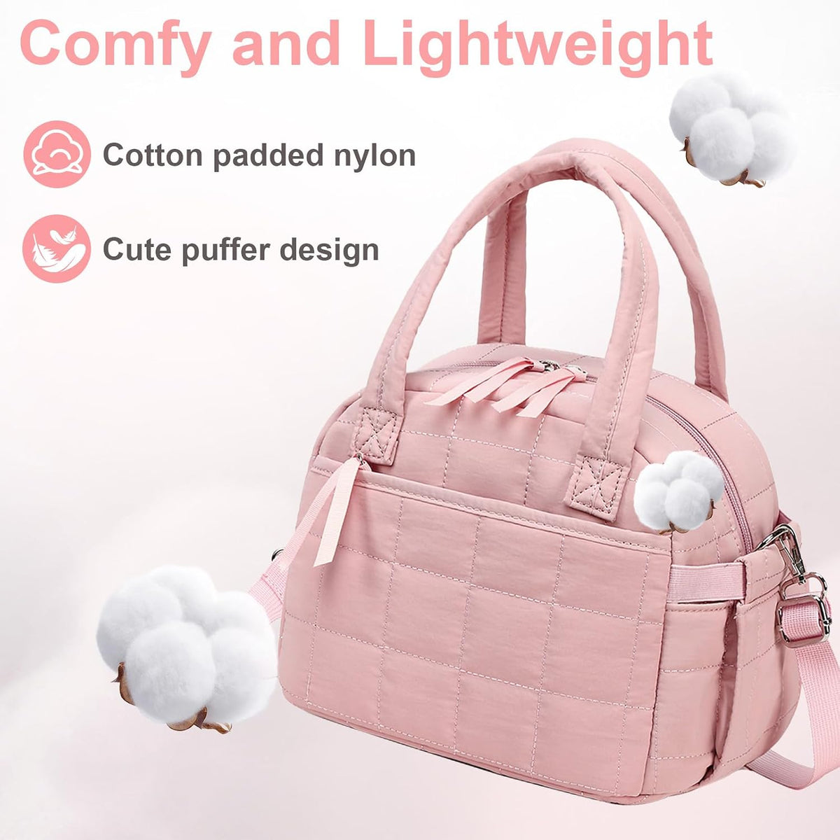Lunch Box for Women, Quilted Insulated Lunch Bag, Puffy Lunch Tote with Adjustable Shoulder Strap for Work School Travel (Deep Pink, Regular 9L)