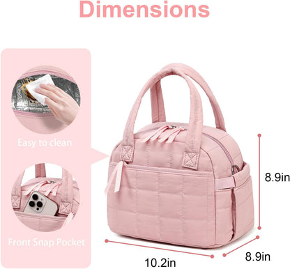 Lunch Box for Women, Quilted Insulated Lunch Bag, Puffy Lunch Tote with Adjustable Shoulder Strap for Work School Travel (Deep Pink, Regular 9L)