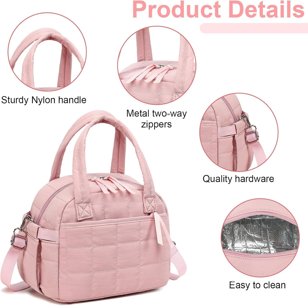 Lunch Box for Women, Quilted Insulated Lunch Bag, Puffy Lunch Tote with Adjustable Shoulder Strap for Work School Travel (Deep Pink, Regular 9L)