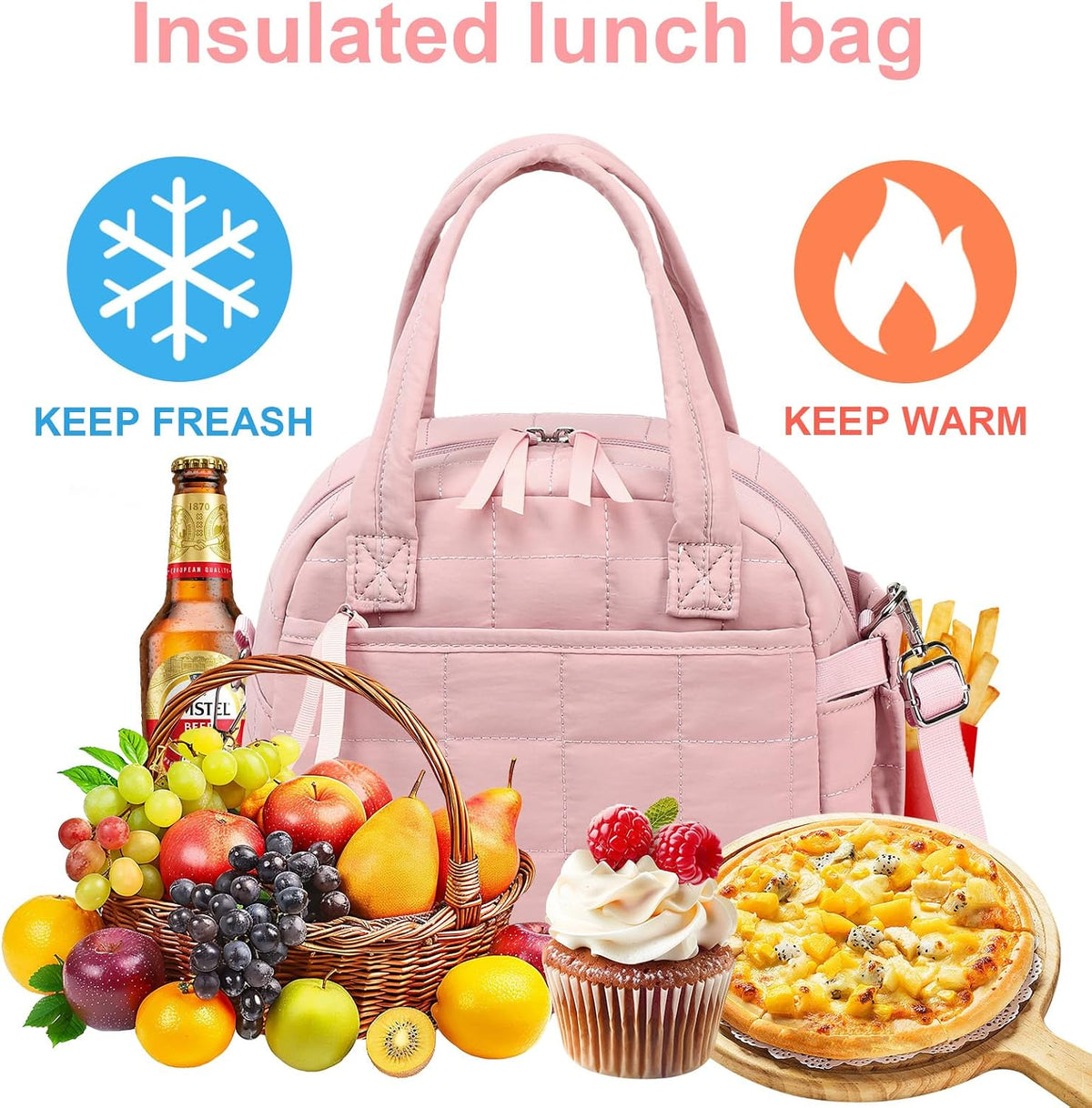 Lunch Box for Women, Quilted Insulated Lunch Bag, Puffy Lunch Tote with Adjustable Shoulder Strap for Work School Travel (Deep Pink, Regular 9L)