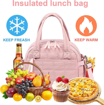 Lunch Box for Women, Quilted Insulated Lunch Bag, Puffy Lunch Tote with Adjustable Shoulder Strap for Work School Travel (Deep Pink, Regular 9L)
