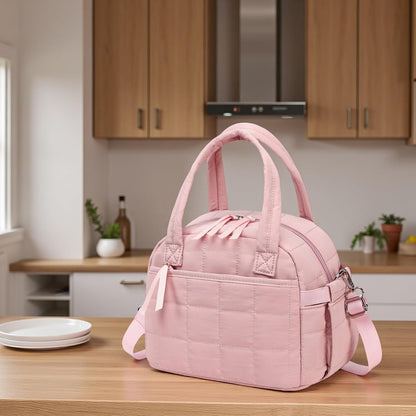 Lunch Box for Women, Quilted Insulated Lunch Bag, Puffy Lunch Tote with Adjustable Shoulder Strap for Work School Travel (Deep Pink, Regular 9L)