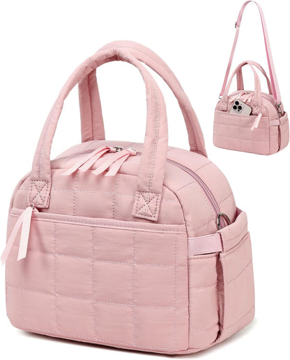Lunch Box for Women, Quilted Insulated Lunch Bag, Puffy Lunch Tote with Adjustable Shoulder Strap for Work School Travel (Deep Pink, Regular 9L)