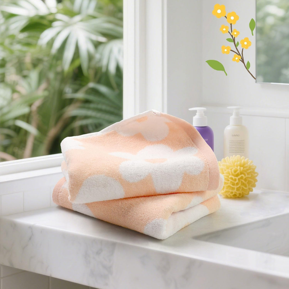 Floral Hand Towels for Bathroom - 2 Pack Cotton Face Towels , Pale Peach