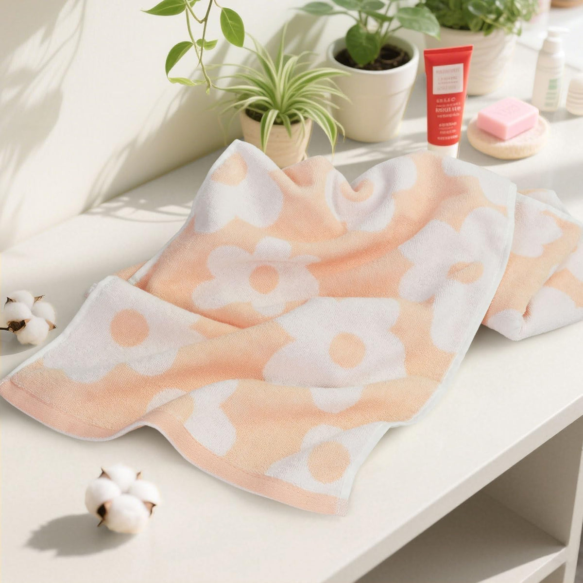 Floral Hand Towels for Bathroom - 2 Pack Cotton Face Towels , Pale Peach