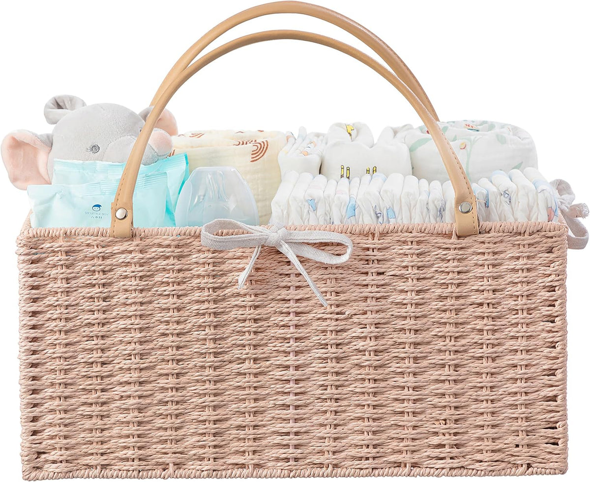 Large Baby Diaper Caddy Organizer Pink, Paper Rope Storage Baskets Nursery Bin with Removable Divider, Portable Car Organizer for Diapers, Baby Shower Gifts, Newborn Essentials Must Haves
