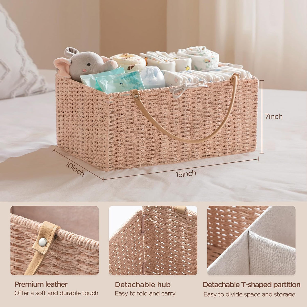 Large Baby Diaper Caddy Organizer Pink, Paper Rope Storage Baskets Nursery Bin with Removable Divider, Portable Car Organizer for Diapers, Baby Shower Gifts, Newborn Essentials Must Haves