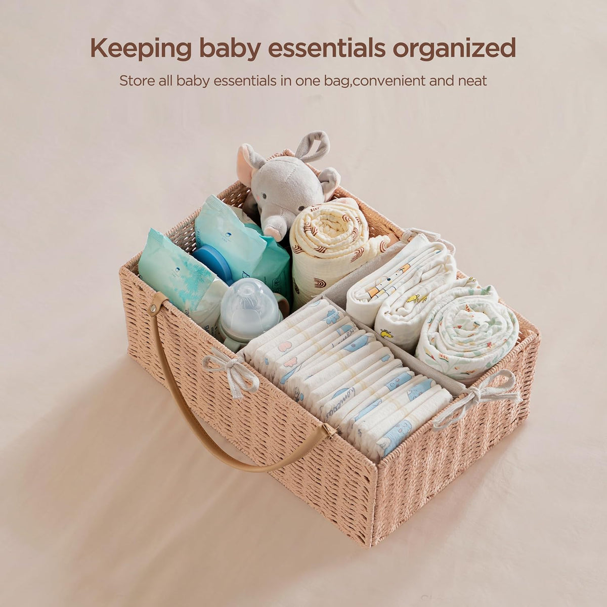 Large Baby Diaper Caddy Organizer Pink, Paper Rope Storage Baskets Nursery Bin with Removable Divider, Portable Car Organizer for Diapers, Baby Shower Gifts, Newborn Essentials Must Haves