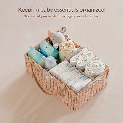 Large Baby Diaper Caddy Organizer Pink, Paper Rope Storage Baskets Nursery Bin with Removable Divider, Portable Car Organizer for Diapers, Baby Shower Gifts, Newborn Essentials Must Haves