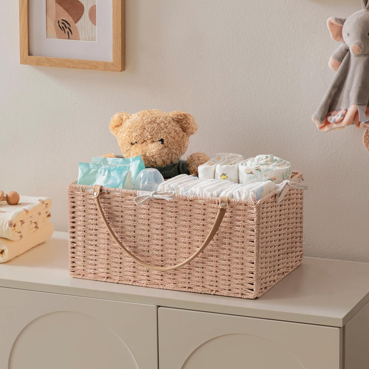 Large Baby Diaper Caddy Organizer Pink, Paper Rope Storage Baskets Nursery Bin with Removable Divider, Portable Car Organizer for Diapers, Baby Shower Gifts, Newborn Essentials Must Haves