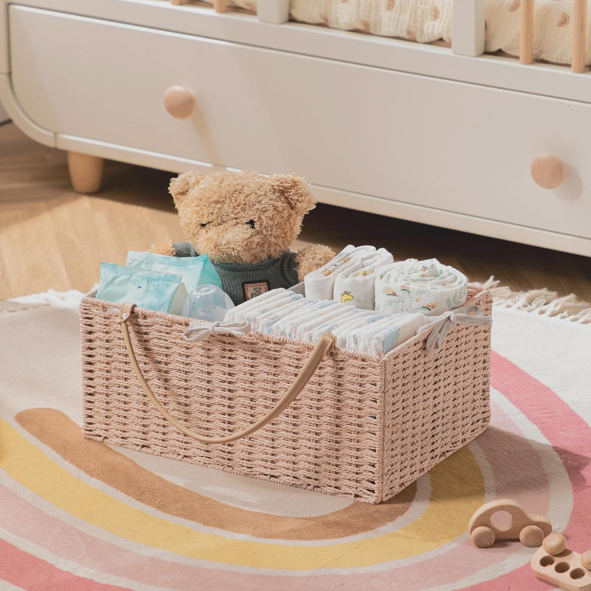 Large Baby Diaper Caddy Organizer Pink, Paper Rope Storage Baskets Nursery Bin with Removable Divider, Portable Car Organizer for Diapers, Baby Shower Gifts, Newborn Essentials Must Haves
