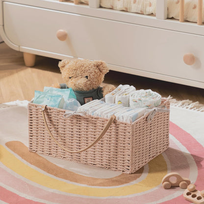 Large Baby Diaper Caddy Organizer Pink, Paper Rope Storage Baskets Nursery Bin with Removable Divider, Portable Car Organizer for Diapers, Baby Shower Gifts, Newborn Essentials Must Haves