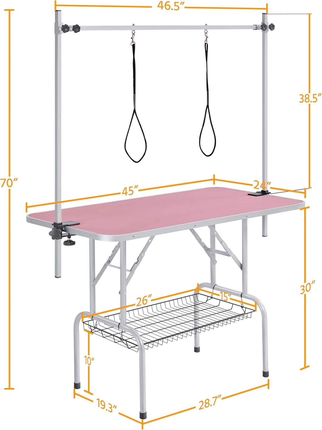 Yaheetech 46'' Pet Grooming Table for Large Dogs Adjustable Height - Portable Trimming Table Drying Table w/Arm/Noose/Mesh Tray Maximum Capacity Up to 265Lb -Pink
