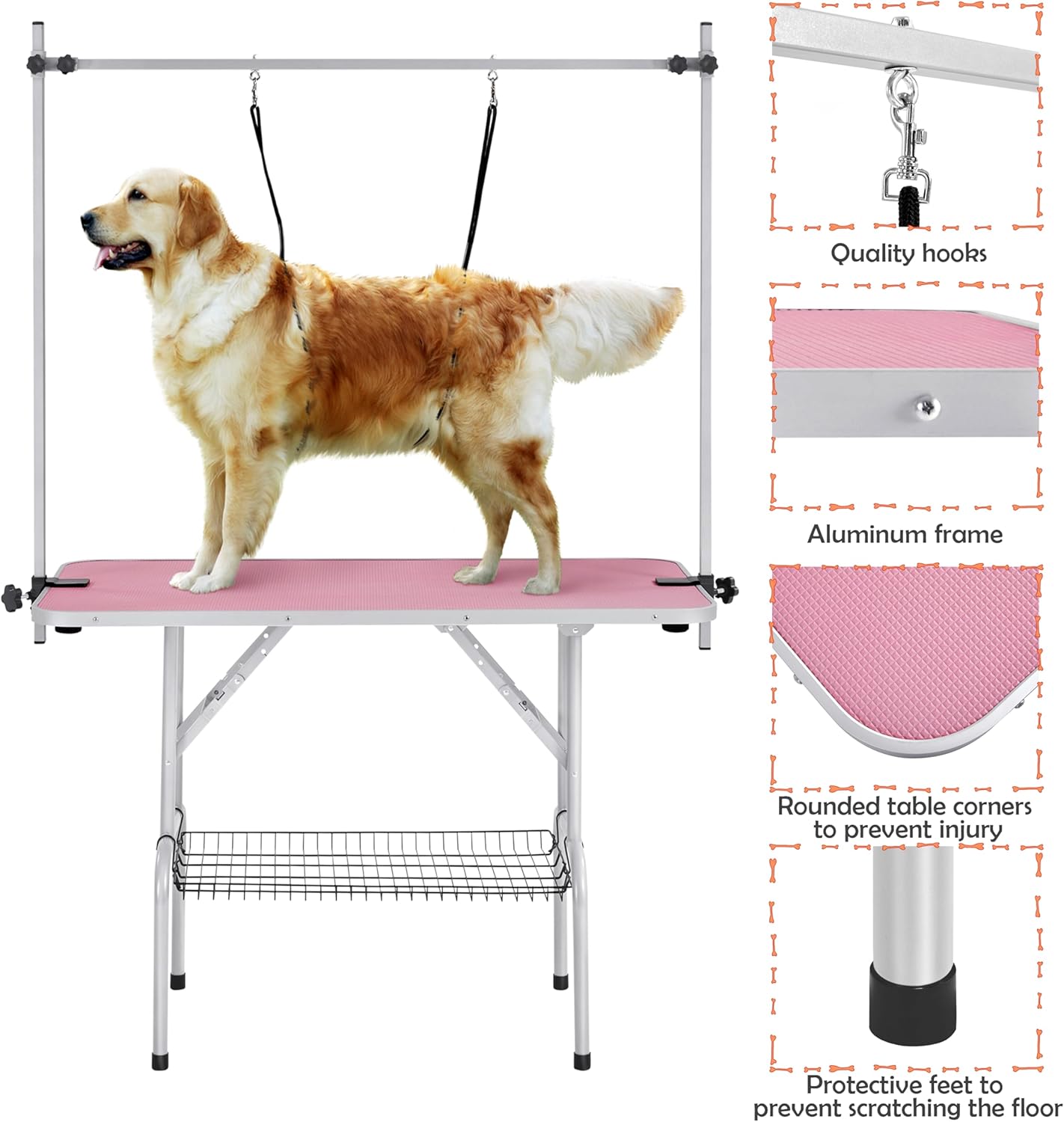 Yaheetech 46'' Pet Grooming Table for Large Dogs Adjustable Height - Portable Trimming Table Drying Table w/Arm/Noose/Mesh Tray Maximum Capacity Up to 265Lb -Pink