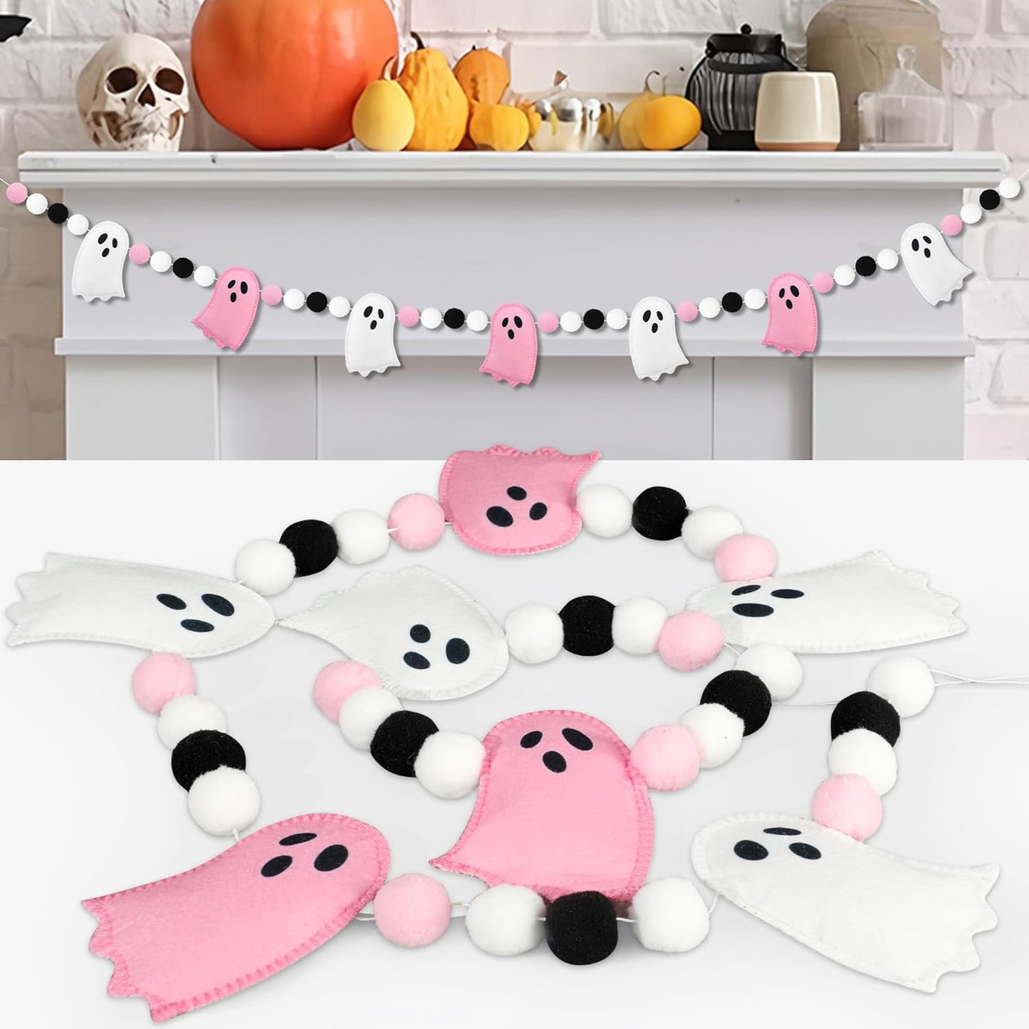 8.2 Ft Halloween Ghost Felt Banner Cute 3D Ghost Ball Garland Pre-Strung Pink White Felt Ghosts Balls Hanging Banner Halloween Decoration for Home Farmhouse Fireplace Mantle Wall Decor