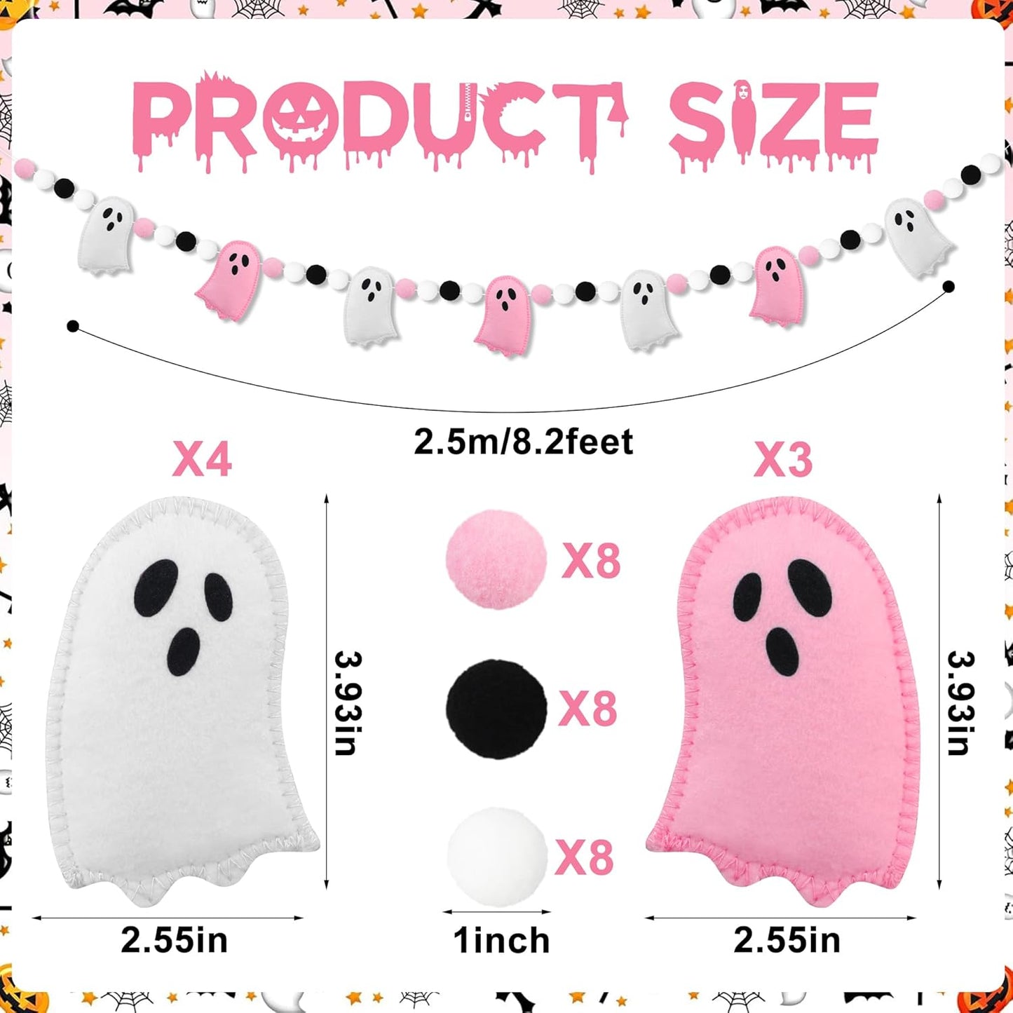 8.2 Ft Halloween Ghost Felt Banner Cute 3D Ghost Ball Garland Pre-Strung Pink White Felt Ghosts Balls Hanging Banner Halloween Decoration for Home Farmhouse Fireplace Mantle Wall Decor
