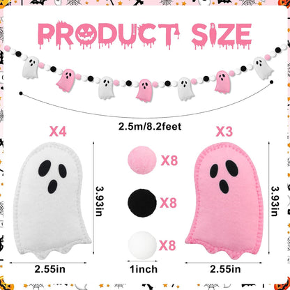 8.2 Ft Halloween Ghost Felt Banner Cute 3D Ghost Ball Garland Pre-Strung Pink White Felt Ghosts Balls Hanging Banner Halloween Decoration for Home Farmhouse Fireplace Mantle Wall Decor