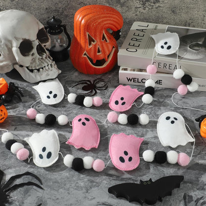 8.2 Ft Halloween Ghost Felt Banner Cute 3D Ghost Ball Garland Pre-Strung Pink White Felt Ghosts Balls Hanging Banner Halloween Decoration for Home Farmhouse Fireplace Mantle Wall Decor