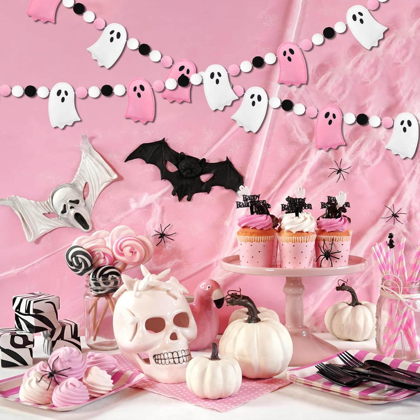 8.2 Ft Halloween Ghost Felt Banner Cute 3D Ghost Ball Garland Pre-Strung Pink White Felt Ghosts Balls Hanging Banner Halloween Decoration for Home Farmhouse Fireplace Mantle Wall Decor