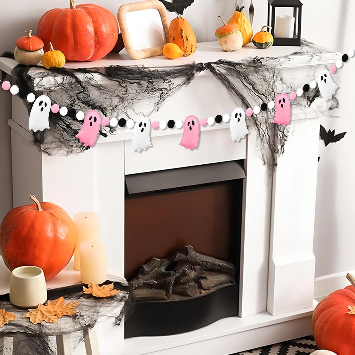 8.2 Ft Halloween Ghost Felt Banner Cute 3D Ghost Ball Garland Pre-Strung Pink White Felt Ghosts Balls Hanging Banner Halloween Decoration for Home Farmhouse Fireplace Mantle Wall Decor