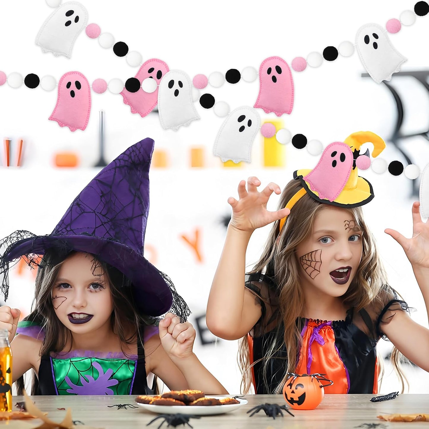 8.2 Ft Halloween Ghost Felt Banner Cute 3D Ghost Ball Garland Pre-Strung Pink White Felt Ghosts Balls Hanging Banner Halloween Decoration for Home Farmhouse Fireplace Mantle Wall Decor
