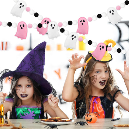 8.2 Ft Halloween Ghost Felt Banner Cute 3D Ghost Ball Garland Pre-Strung Pink White Felt Ghosts Balls Hanging Banner Halloween Decoration for Home Farmhouse Fireplace Mantle Wall Decor