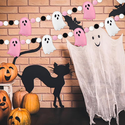 8.2 Ft Halloween Ghost Felt Banner Cute 3D Ghost Ball Garland Pre-Strung Pink White Felt Ghosts Balls Hanging Banner Halloween Decoration for Home Farmhouse Fireplace Mantle Wall Decor