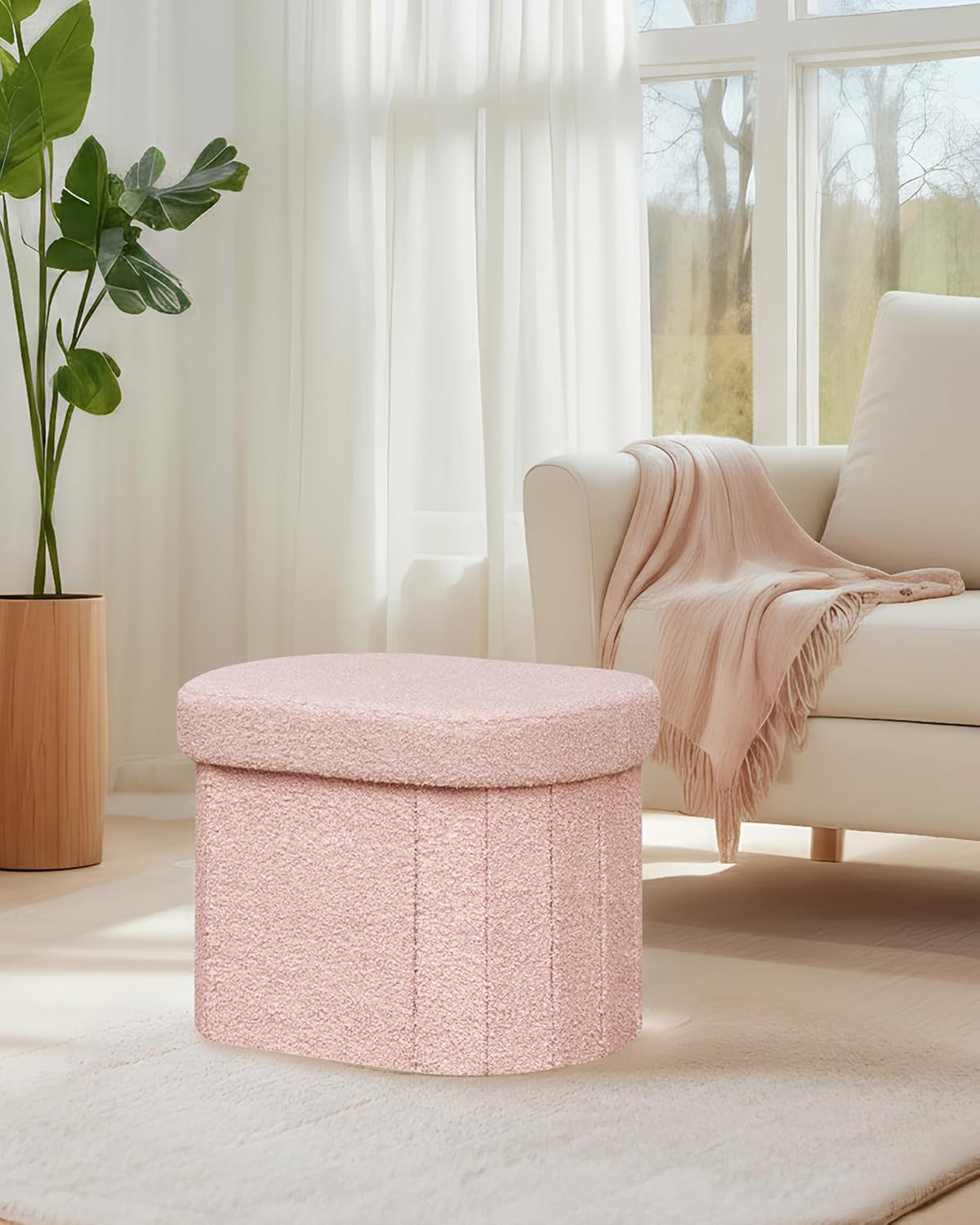 16.14" Boucle Storage Ottoman Cube for Dorm Room, Pink