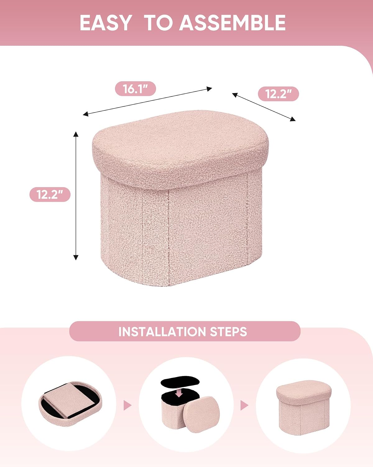 16.14" Boucle Storage Ottoman Cube for Dorm Room, Pink
