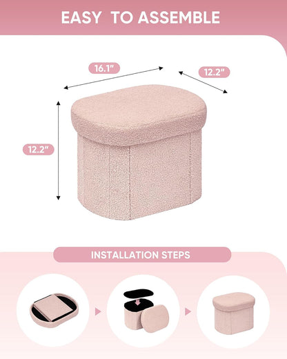 16.14" Boucle Storage Ottoman Cube for Dorm Room, Pink
