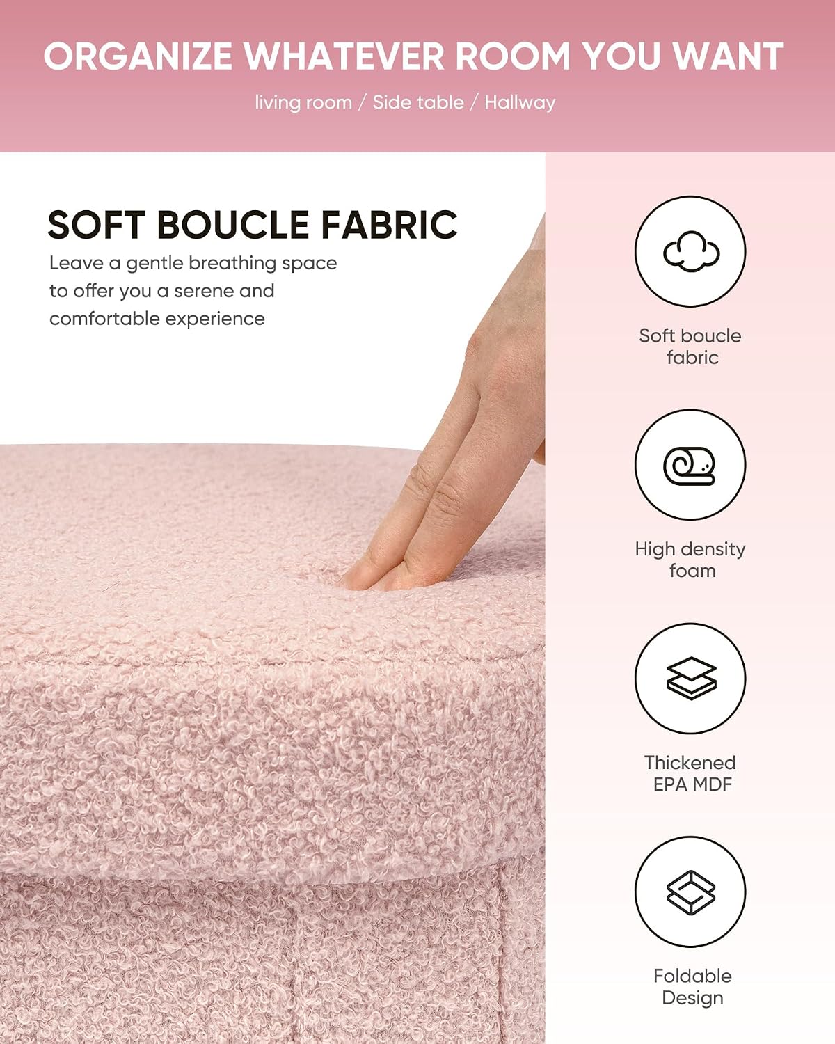 16.14" Boucle Storage Ottoman Cube for Dorm Room, Pink