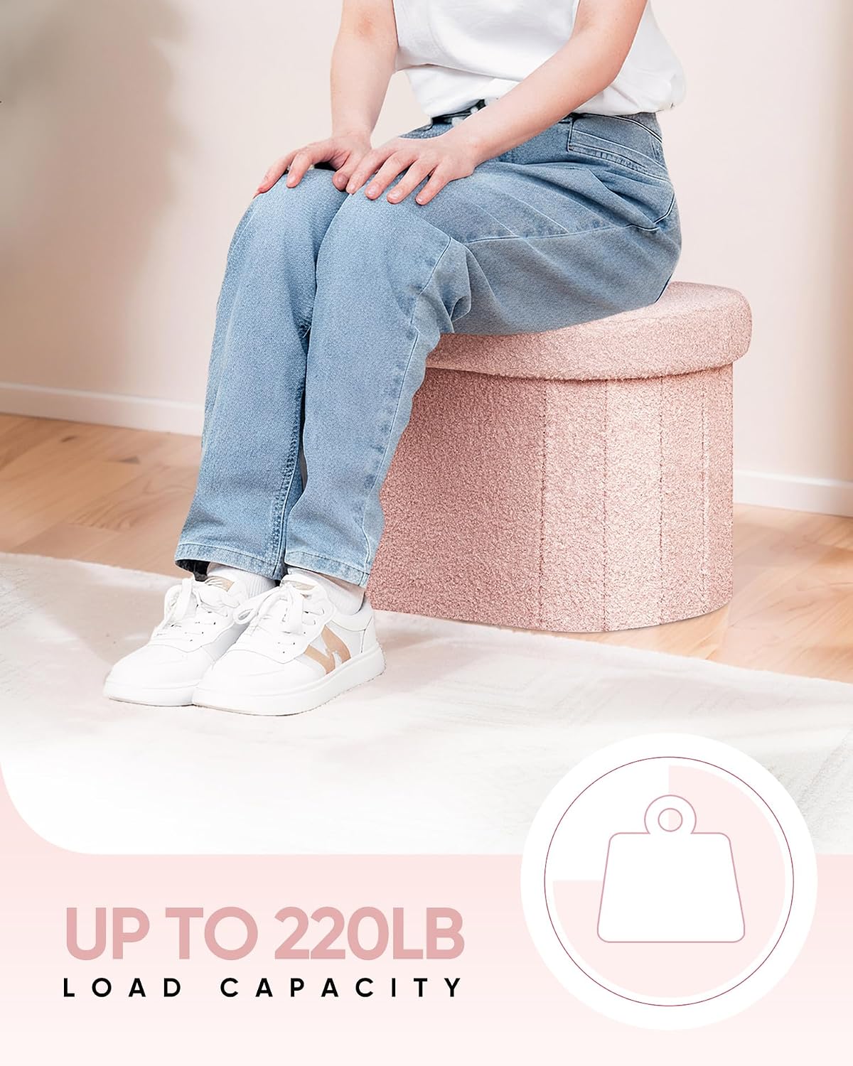 16.14" Boucle Storage Ottoman Cube for Dorm Room, Pink