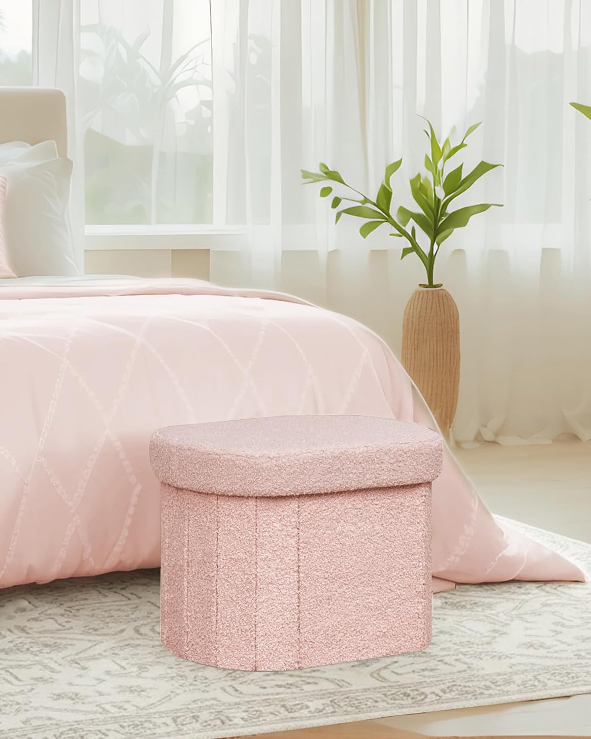 16.14" Boucle Storage Ottoman Cube for Dorm Room, Pink