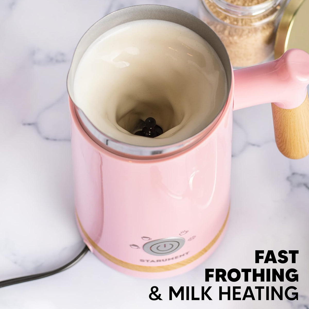 Electric Milk Frother - Automatic Foamer & Heater for Coffee, Latte, Cappuccino, Other Creamy Drinks 4 Settings Cold Foam, Airy Dense Foam Warm Easy to Use, Pink, 8x4x5 inches (MS-MF)