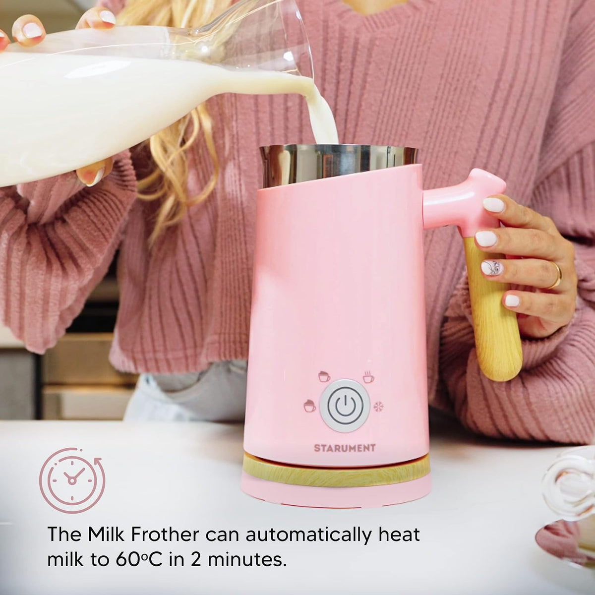 Electric Milk Frother - Automatic Foamer & Heater for Coffee, Latte, Cappuccino, Other Creamy Drinks 4 Settings Cold Foam, Airy Dense Foam Warm Easy to Use, Pink, 8x4x5 inches (MS-MF)