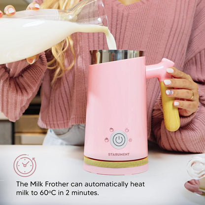 Electric Milk Frother - Automatic Foamer & Heater for Coffee, Latte, Cappuccino, Other Creamy Drinks 4 Settings Cold Foam, Airy Dense Foam Warm Easy to Use, Pink, 8x4x5 inches (MS-MF)