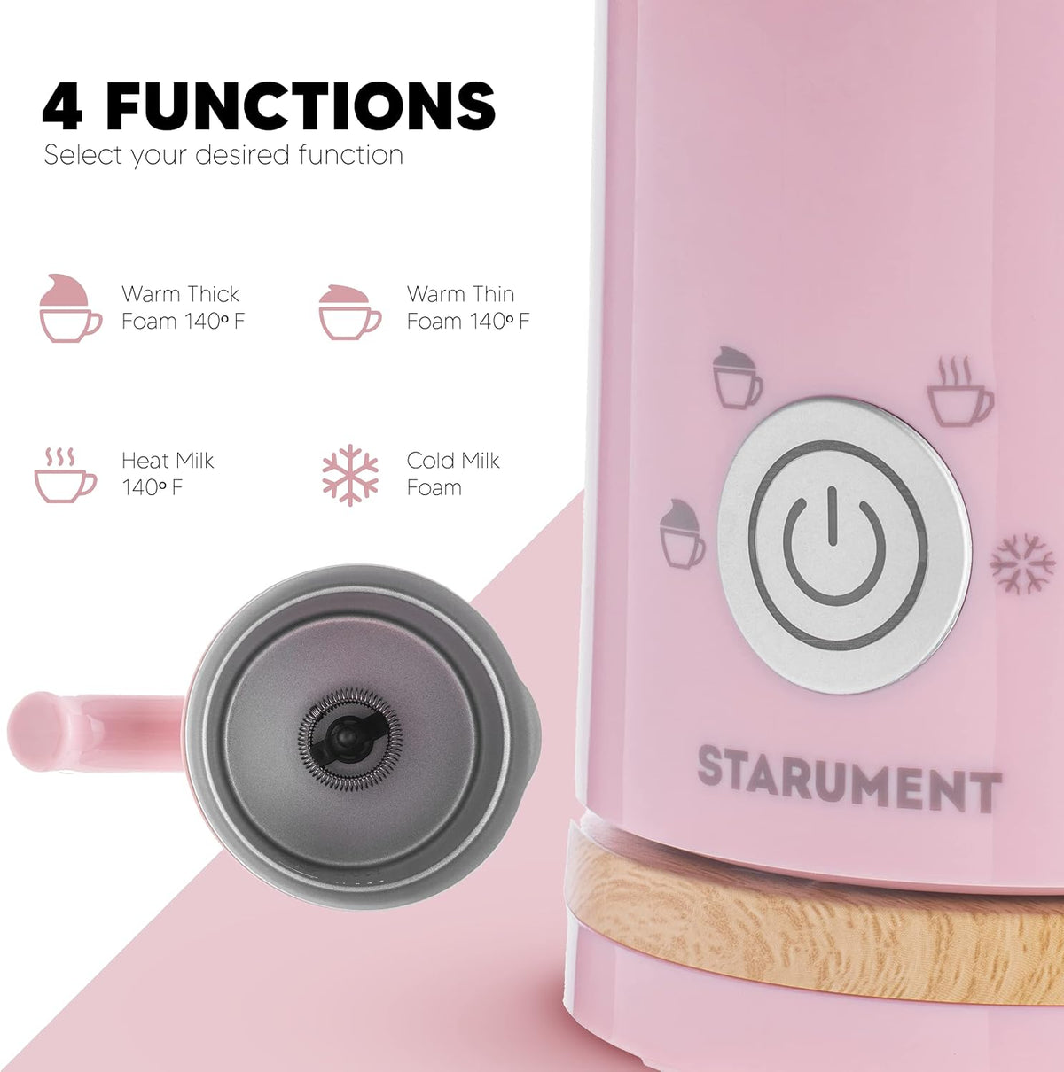 Electric Milk Frother - Automatic Foamer & Heater for Coffee, Latte, Cappuccino, Other Creamy Drinks 4 Settings Cold Foam, Airy Dense Foam Warm Easy to Use, Pink, 8x4x5 inches (MS-MF)