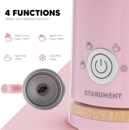 Electric Milk Frother - Automatic Foamer & Heater for Coffee, Latte, Cappuccino, Other Creamy Drinks 4 Settings Cold Foam, Airy Dense Foam Warm Easy to Use, Pink, 8x4x5 inches (MS-MF)