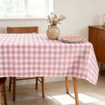 Gingham Vinyl Tablecloth with Flannel Backing,Waterproof Rectangle Table Cloth,Wipeable Plastic Buffalo Plaid Table Cover for Kitchen Dining,Camping,Indoor&Outdoor(52"x70", Pink and White)