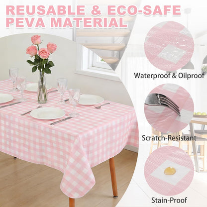 Gingham Vinyl Tablecloth with Flannel Backing,Waterproof Rectangle Table Cloth,Wipeable Plastic Buffalo Plaid Table Cover for Kitchen Dining,Camping,Indoor&Outdoor(52"x70", Pink and White)
