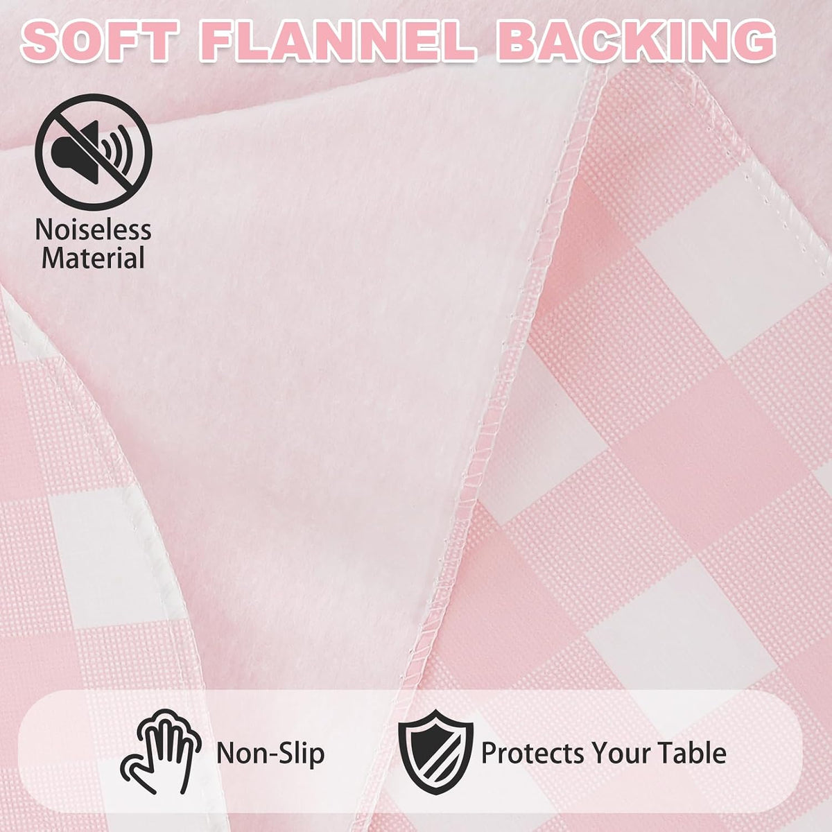 Gingham Vinyl Tablecloth with Flannel Backing,Waterproof Rectangle Table Cloth,Wipeable Plastic Buffalo Plaid Table Cover for Kitchen Dining,Camping,Indoor&Outdoor(52"x70", Pink and White)