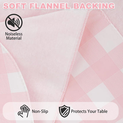 Gingham Vinyl Tablecloth with Flannel Backing,Waterproof Rectangle Table Cloth,Wipeable Plastic Buffalo Plaid Table Cover for Kitchen Dining,Camping,Indoor&Outdoor(52"x70", Pink and White)