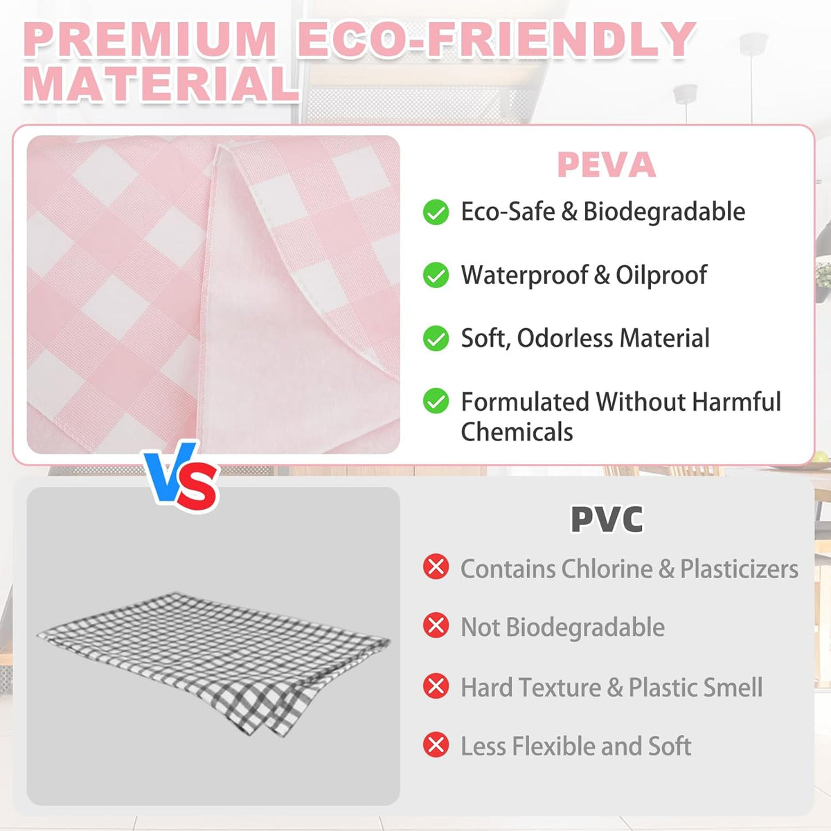 Gingham Vinyl Tablecloth with Flannel Backing,Waterproof Rectangle Table Cloth,Wipeable Plastic Buffalo Plaid Table Cover for Kitchen Dining,Camping,Indoor&Outdoor(52"x70", Pink and White)