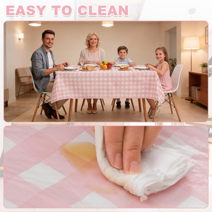 Gingham Vinyl Tablecloth with Flannel Backing,Waterproof Rectangle Table Cloth,Wipeable Plastic Buffalo Plaid Table Cover for Kitchen Dining,Camping,Indoor&Outdoor(52"x70", Pink and White)
