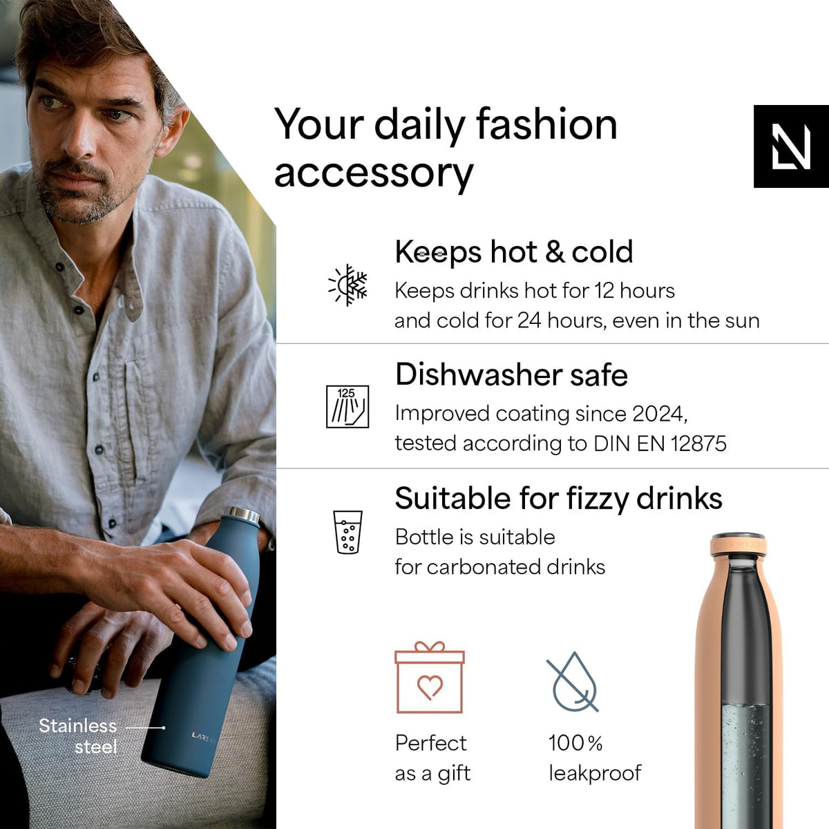 LARS NYSØM Stainless Steel Insulated Water Bottle 12oz 17oz 25oz 34oz 51oz | Insulated Thermo Flask for Hot and Cold Beverages | Leakproof Drinking Bottle (Creamy Peach, 25.4oz)