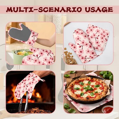Cherry Blossom Pink Flower Heat-Resistant Silicone Oven Mitts and Pot Holders 4 Piece Set,Extra Long Non-Slip Kitchen Oven Gloves for Cooking, Baking, BBQ,Grilling